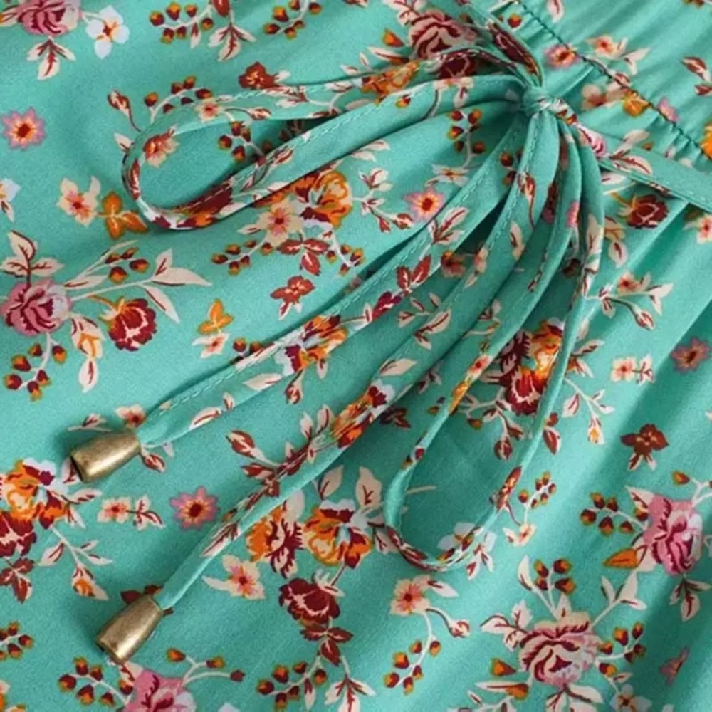Turquoise Floral Bohemian Gypsy Button Blouse - Picture 5 of 7